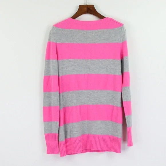 Gap Luxe Gray & Bright Pink Barbiecore Striped Wool Blend V-Neck Sweater Medium - Picture 3 of 3